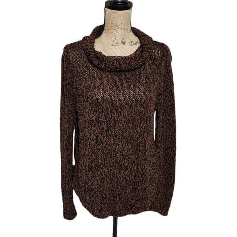 Eileen Fisher Brown Black Organic Cotton Linen Cowl Neck Marled Sweater Medium